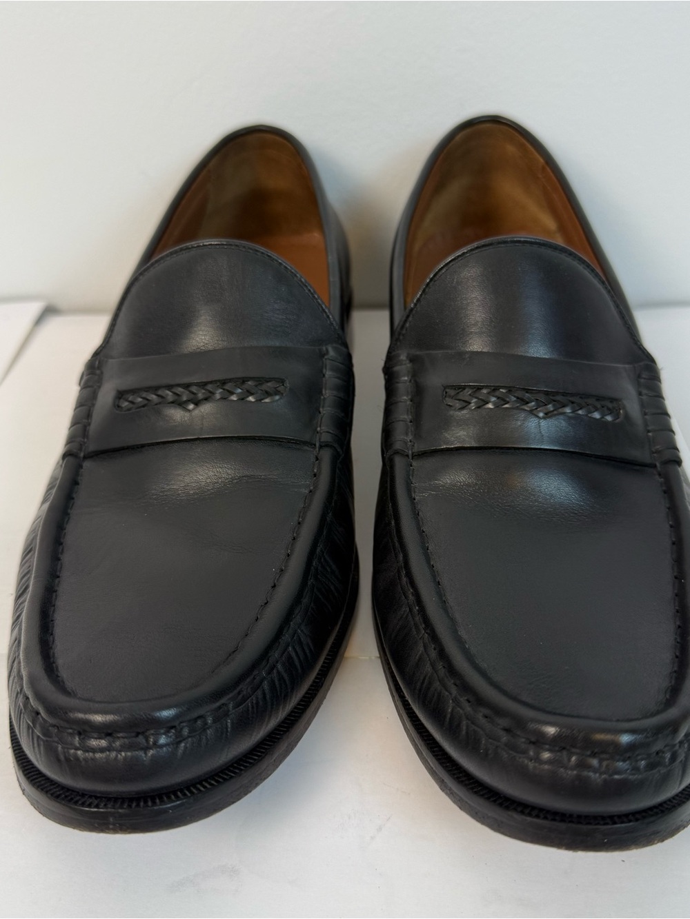Cole Haan Black Leather Braided Strap Penny Loafers, size 9, no box